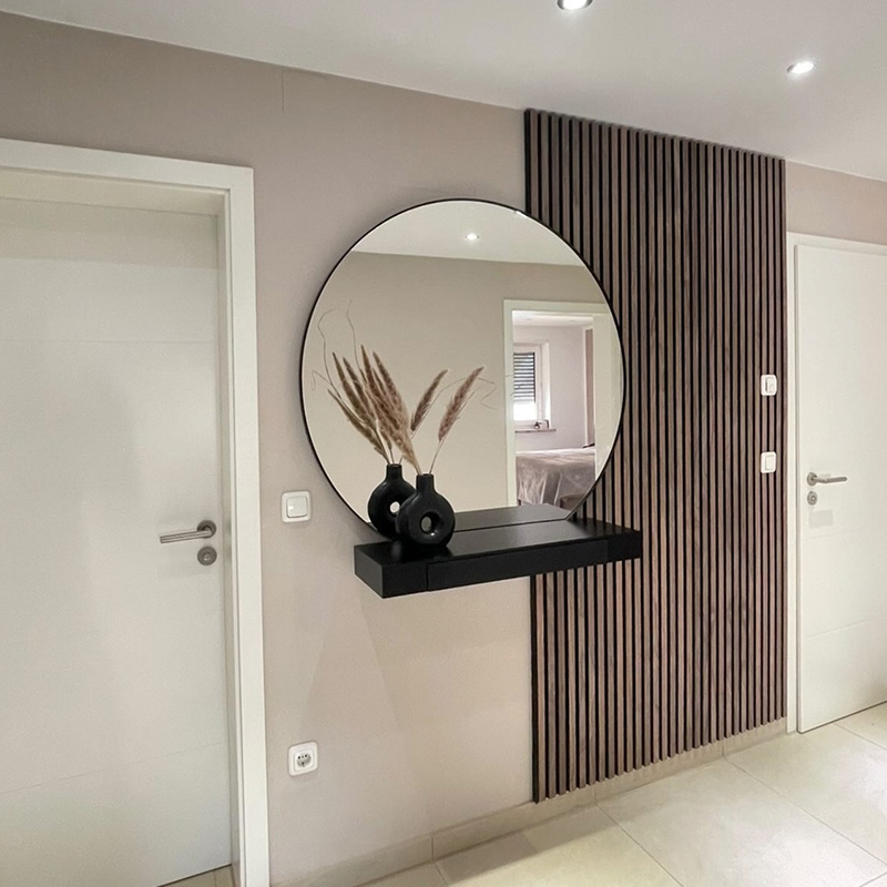 Verschiedene Materialien, Holzleisten, Bürodekoration, Wandpaneele, Gitter, schallabsorbierende Paneele, Grafikdesign-Projektlösung